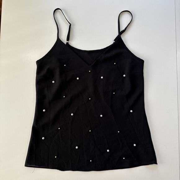 Black Camisole Tank Top Pearl Embellished Sheer Cami Minimalist Y2K Coquette M - Picture 5 of 11